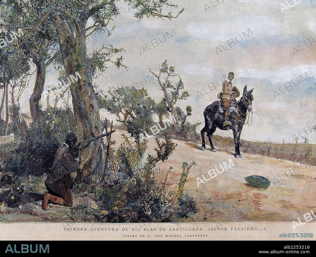 GIL BLAS DE SANTILLANA. PERSONAJE DE LA NOVELA ALAIN- RENE LESAGE. GRABADO COLOREADO SOBRE UN CUADRO DE JOSE MORENO CARBONERO.. " PRIMERA AVENTURA DE GIL BLAS ". ILUSTRACION ESPAÑOLA Y AMERICANA.