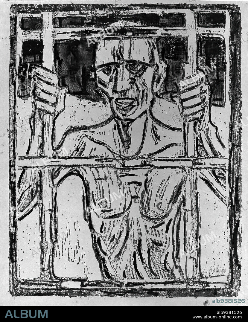 The Prisoner, Der Gefangene, Christian Rohlfs, German, 1849-1939, Color woodcut in blue and overpainted by the artist, on gray wove paper, Europe, 1918, Image: 25 x 19 1/2 in., 63.5 x 49.5 cm, German, jail, modern, print, prisoner, woodcut.