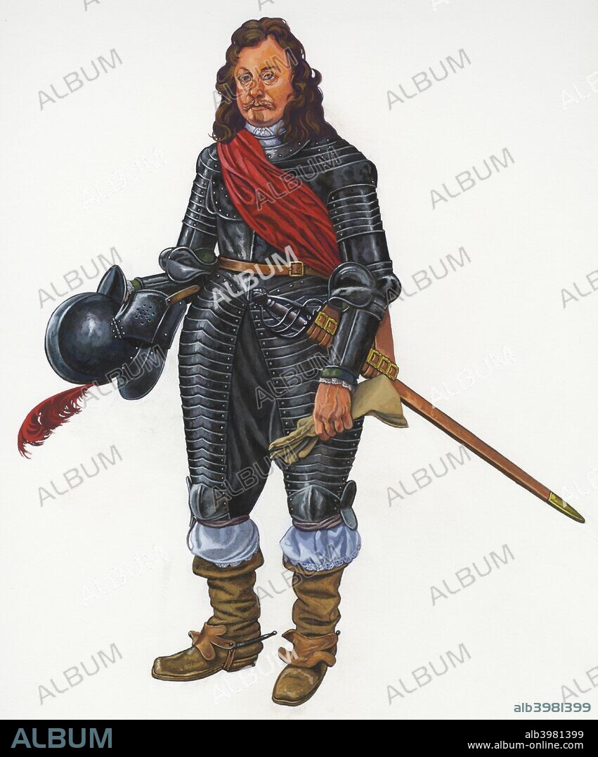 Civil War Commander, 1642-1651, (c1990-2010). Tynemouth Priory and Castle, Tyne and Wear. Reconstruction drawing of Sir Thomas Riddell, Civil War commander of the Tynemouth Garrison. Royalist army officer. The English Civil War (1642-1651) was a series of armed conflicts and political machinations between Parliamentarians (Roundheads) and Royalists (Cavaliers) over, principally, the manner of England's government.