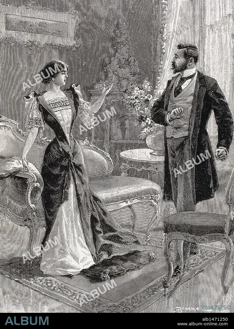 Bourgeoisie. Gentleman with a lady in the living room. Engraving. 1897.