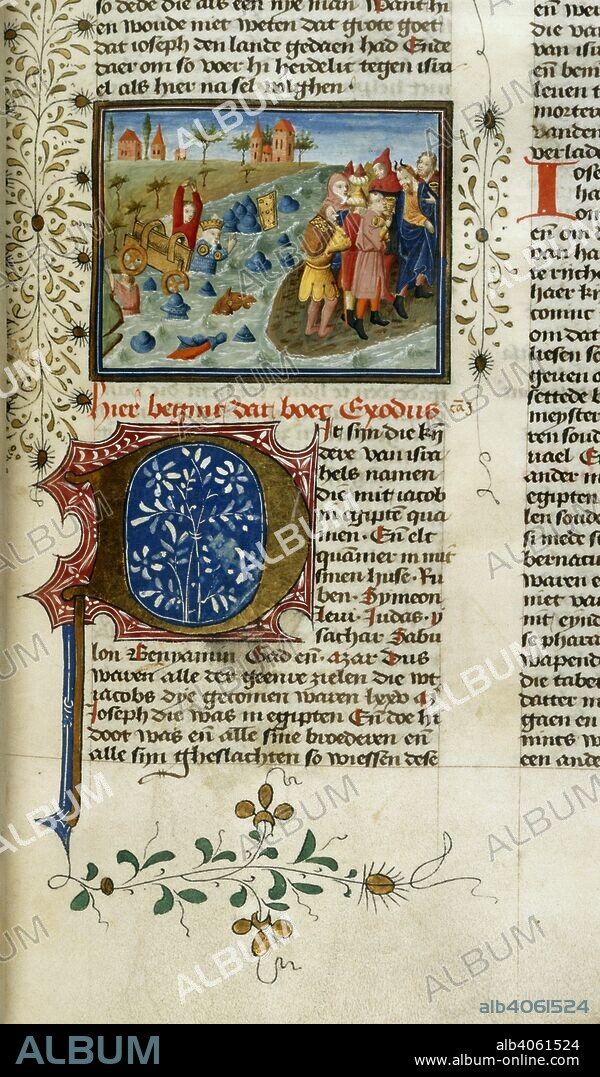Crossing of the Red Sea. History Bible [Old Testament, Genesis-Esther]. N. Netherlands [Utrecht]; circa 1440. [Miniature and text] Opening of the Book of Exodus.The Crossing of the Red Sea. Text beginning with decorated initial 'D'  Image taken from History Bible [Old Testament, Genesis-Esther].  Originally published/produced in N. Netherlands [Utrecht]; circa 1440. . Source: Add. 15410, f.84. Language: Dutch.