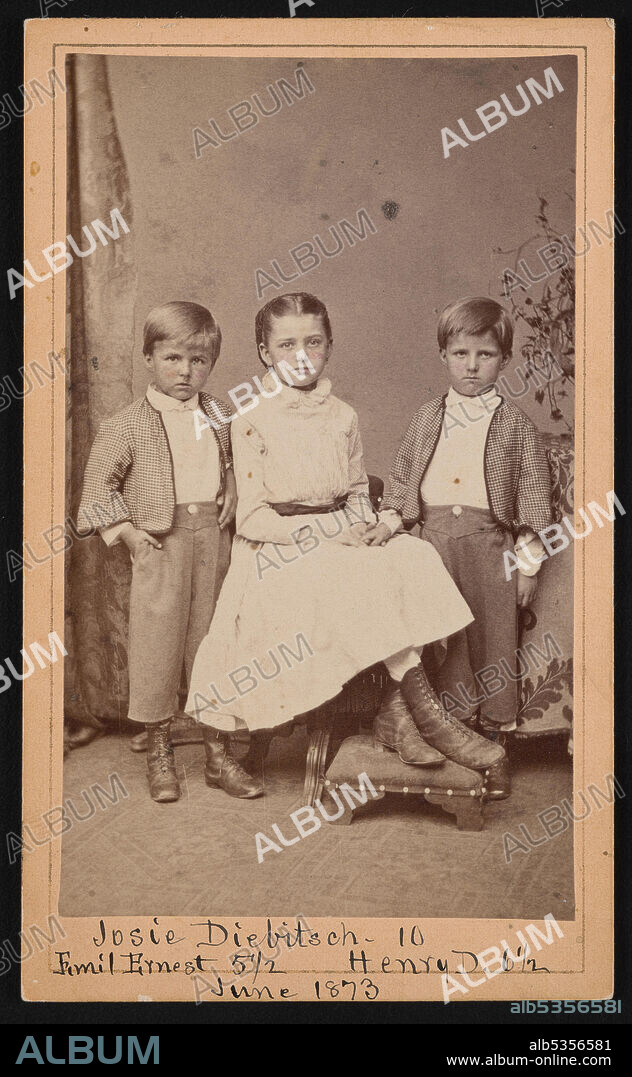 ULKE BROS. Group Portrait of Herman Henry Diebitsch Children - Emil, Josephine (Josie), and Henry, June 1873. [b. Josephine Cecilia Diebitsch (Josie, 10 yo), May 22, 1864, Forestville, Maryland; d. December 19, 1955; American author and arctic explorer; In 1888, she married Arctic explorer Robert Peary. With her brothers, Emil Ernest 5 1/2 yo and Henry D. 6 1/2 yo].