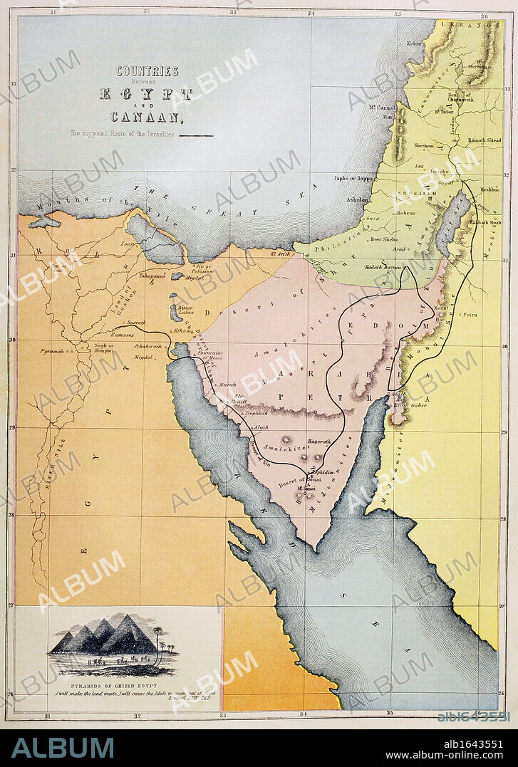 Countries between Egypt and Canaan. The black line shows the supposed route of the Israelites during their exodus from Egypt and 40 years wandering in the wilderness. From The Holy Bible published by William Collins, Sons, & Company in 1869.