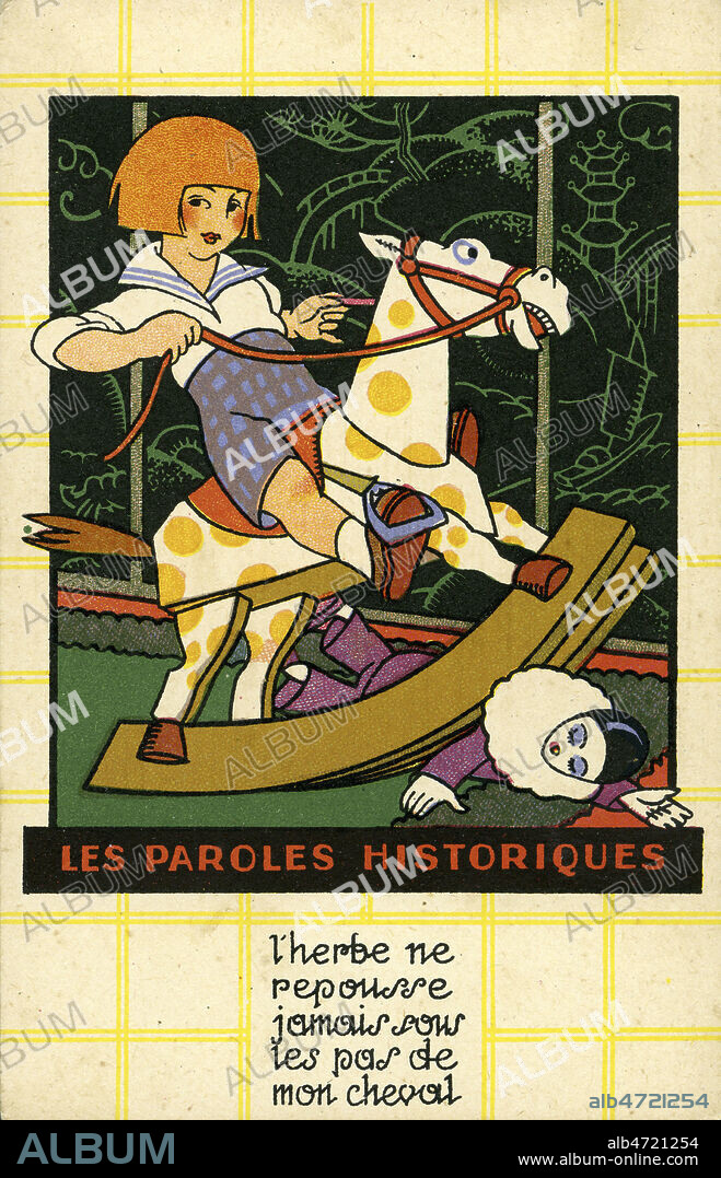 'L'herbe ne repousse jamais sous les pas de mon cheval'. (Phrase de Attila (395-453). Une petite fille sur son cheval a bascule. Illustration anonyme pour une serie de chromo 'Les paroles historiques' vers 1935. Credit : Collection IM/KHARBINE-TAPABOR.