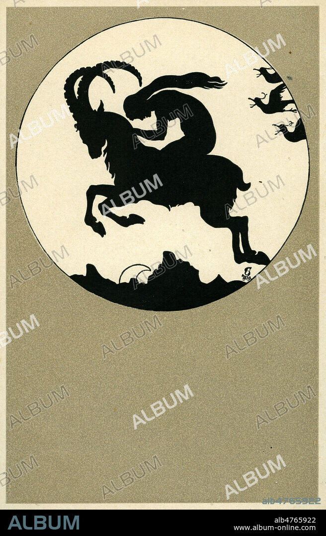 HEXLEINS erste FAHRT - Sorciere chevauchant un bouc. Serie de Cartes postales , motifs sorcieres , Sabbat, en ombres chinoises. Illustration OTTO STIEFFEL , 'Walpurgisnacht' la Nuit de Walpurgis . serie de 12. Edite a partir d'un ouvrage porte folio de gravures par Edm v. Konig's Kuntsverlag, Heidelberg, Allemagne vers 1920. Collection IM/KHARBINE TAPABOR.