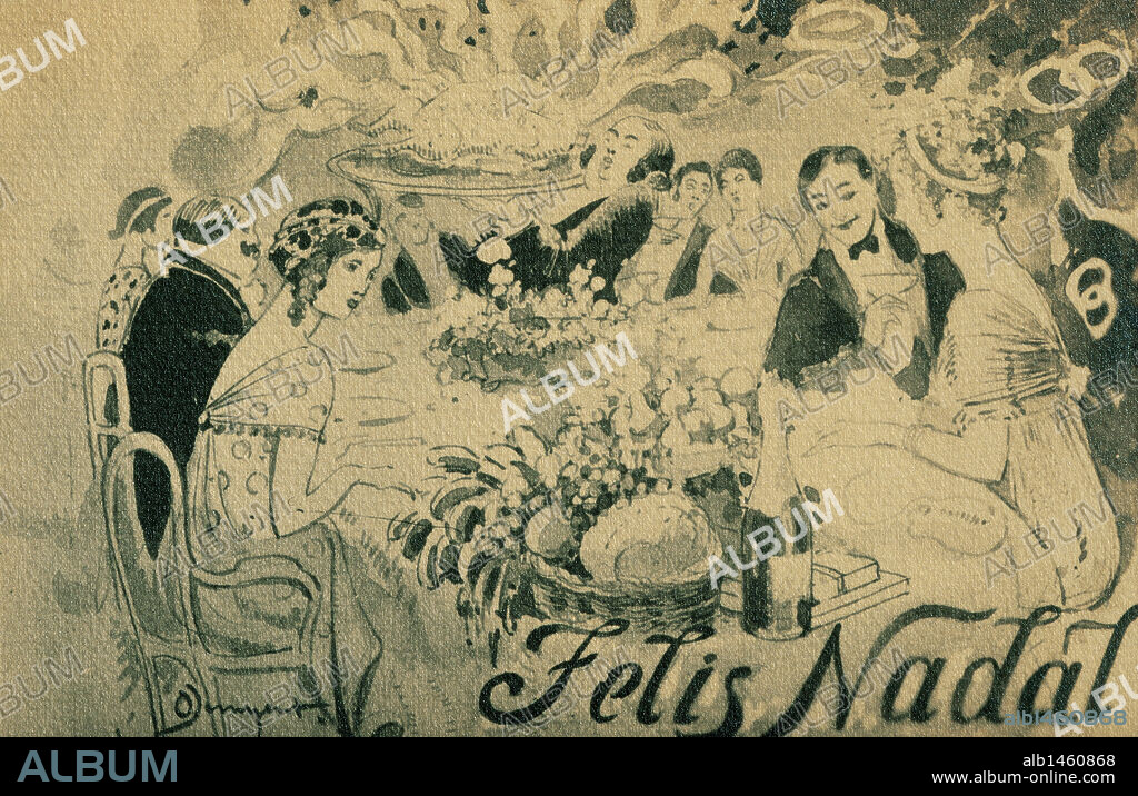 TARJETA DE FELICITACION DE NAVIDAD en catalán, realizada por J. O. JUNYENT. Instituto Municipal de Historia. Barcelona. Cataluña.