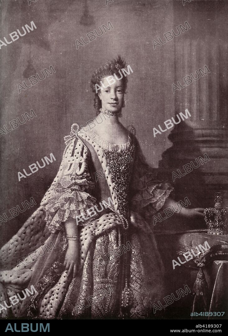 'Charlotte Sophia of Mecklenburg-Strelitz, Queen Consort of George III', 1761-1762, (1919). After a painting in the National Portrait Gallery, London. Sophia Charlotte of Mecklenburg-Strelitz (1744-1818), Queen consort of George III, wearing ermine. Illustration from Historical Portraits 1700-1850 - Part II (Vol. IV of the Series) 1800-1850. [The Clarendon Press, Oxford, 1919].