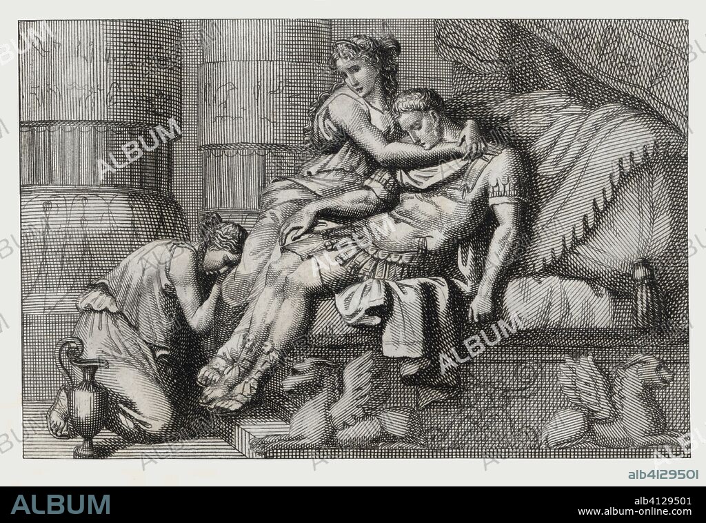 Historia antigua. Muerte de Marco Antonio en brazos de Cleopatra (69-30 a. JC), reina de Egipto. Grabado de 1836.