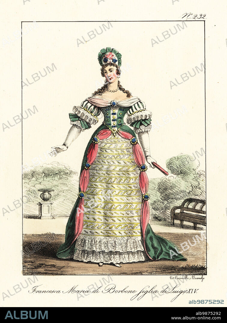 Françoise Marie de Bourbon, Duchess of Orleans, 1677-1749, illegitimate daughter of King Louis XIV of France. In tall lace fontange, off-the-shoulder gown with lace tucker, puff sleeves, green bodice and skirt, embroidered petticoats. Francoise Marie de Bourbon, fille de Louis XIV. Handcoloured lithograph by Lorenzo Bianchi and Domenico Cuciniello after Hippolyte Lecomte from Costumi civili e militari della monarchia francese dal 1200 al 1820, Naples, 1825. Italian edition of Lecomtes Civilian and military costumes of the French monarchy from 1200 to 1820.
