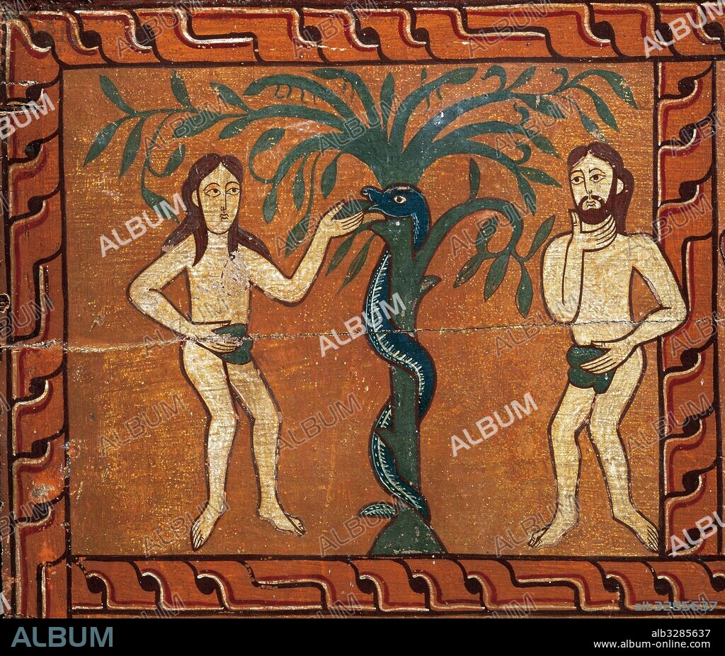 Romanesque art. 12th century. Altar de Sagas. Original sin. Adam and Eve. Tempera on wood. From Sagas. Diocesan and Comarcal Museum of Solsona.  Catalonia, Spain.