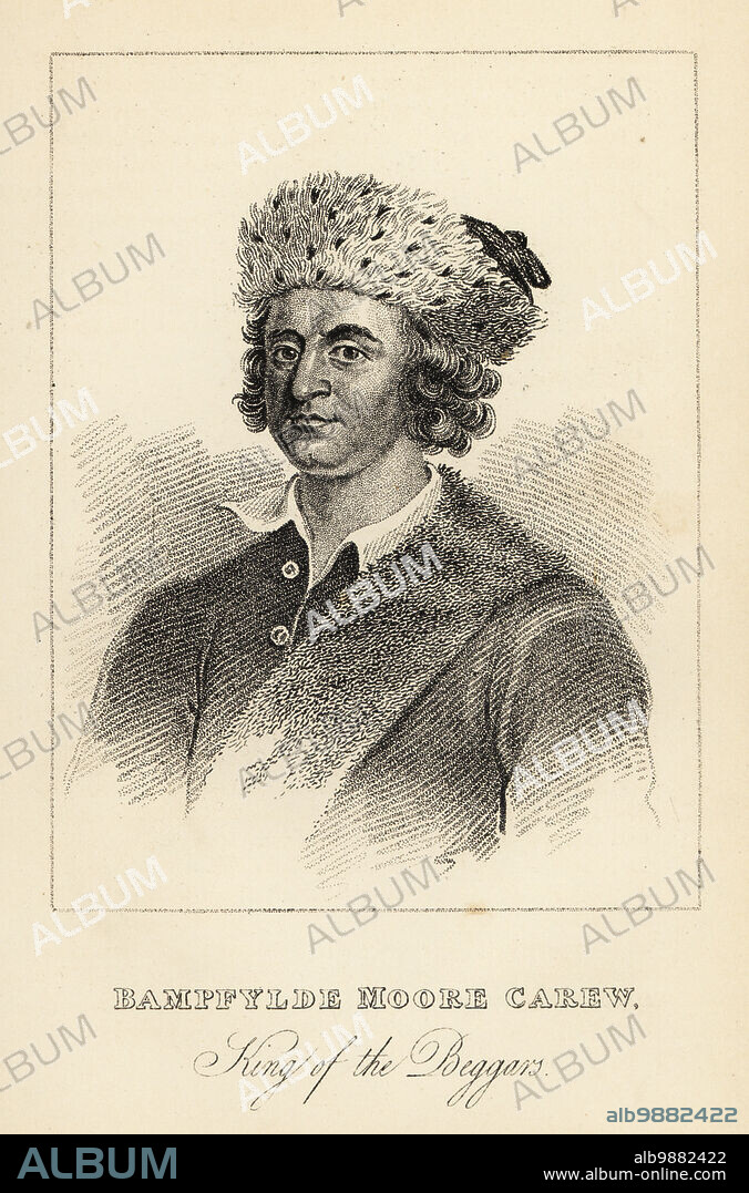 Bampfylde Moore Carew, King of the Beggars, 1693-1759. Notorious vagabond, beggar, vagrant, King of the Gypsies, King of the Mendicants, 18th century. From a portrait in his autobiography An Apology for the Life of Mr. Bampfylde-Moore Carew Commonly Call'd the King of the Beggars, Goadby & Owen, 1765. Lithograph after a stipple engraving by R. Page from Henry Wilson and James Caulfields Book of Wonderful Characters, Memoirs and Anecdotes, of Remarkable and Eccentric Persons in all ages and countries, John Camden Hotten, Piccadilly, London, 1869.