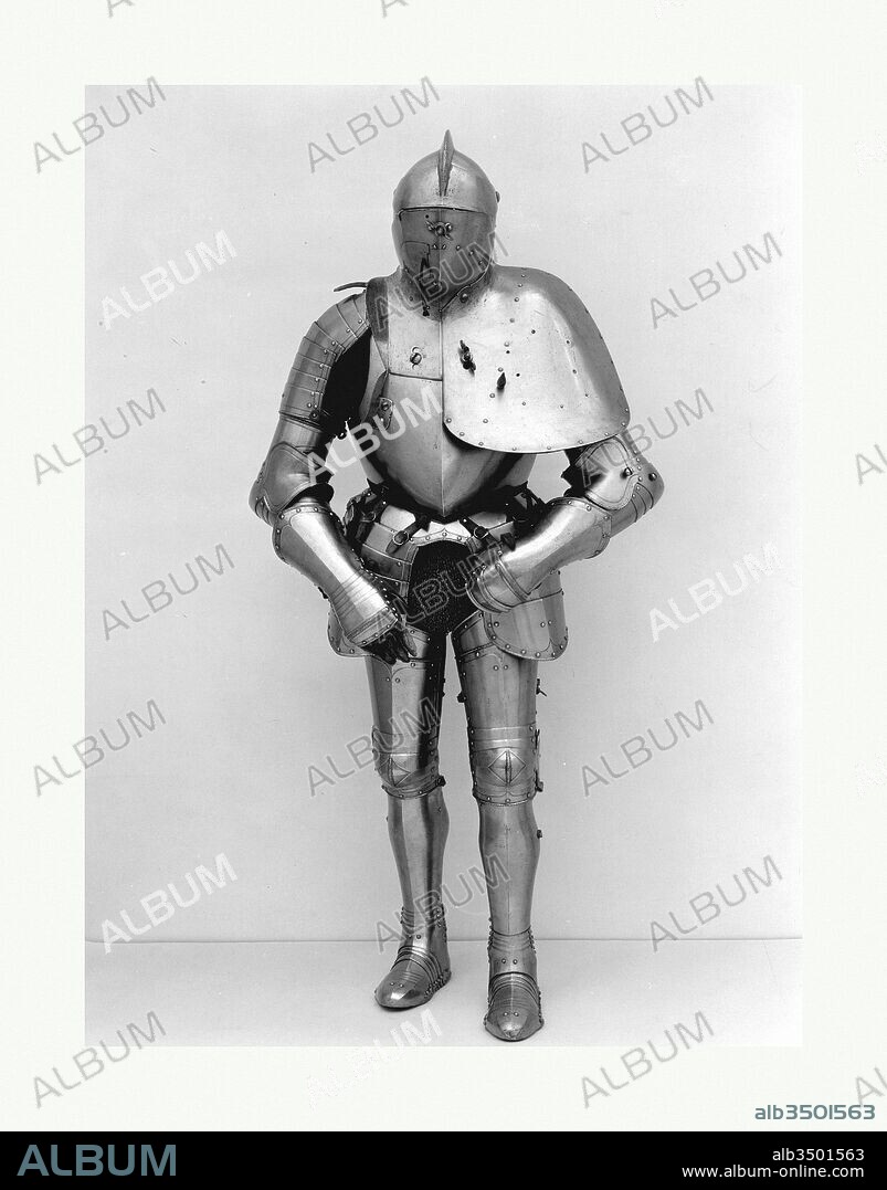 Jousting Armor (Rennzeug), ca. 1580–90, Dresden or Annaberg, German, probably Dresden or Annaberg, Steel, copper alloy, leather, Wt. 91 lb. 6 oz. (41.45 kg), Armor for Man, This armor was intended for use in the Scharfrennen, a joust fought in an open field by two contestants mounted on horses and armed with relatively sharp lances. The sport remained popular at the court of the prince-electors of Saxony long after it had gone out of fashion elsewhere in Europe.