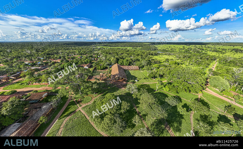 Aerial of the Santa Ana Mission, Jesuit Missions of Chiquitos, UNESCO World Heritage Site, Santa Cruz department, Bolivia, South America.
