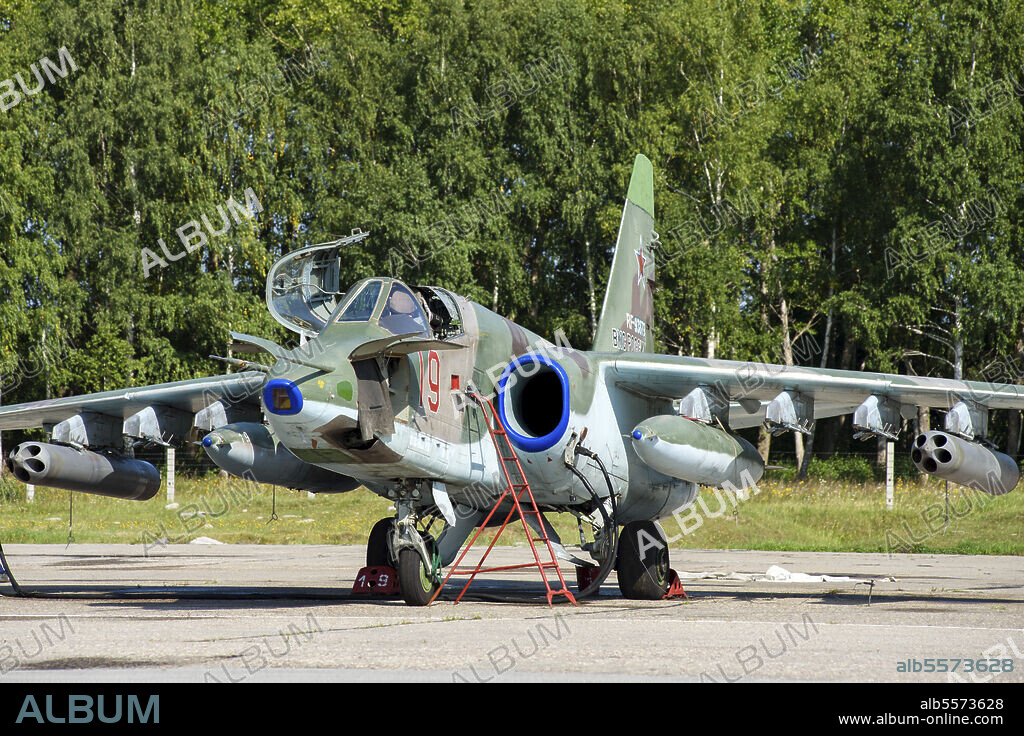 Russian Aerospace Forces Su-25SM/SM3 attack aircraft at the contest Aviadarts 2019 (International Army Games) at Ryazan - Dyagilevo airport, Russia.