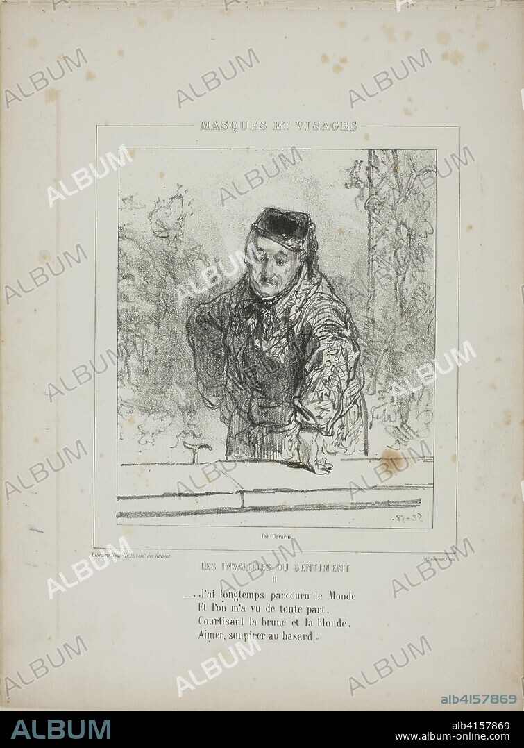 Les Invalides du Sentiment: - "J'ai longtemps parcouru le Monde... Paul Gavarni; French, 1804-1866. Date: 1852. Dimensions: 218 × 185 mm (image); 362 × 268 mm (sheet). Lithograph in black on cream wove paper. Origin: France.