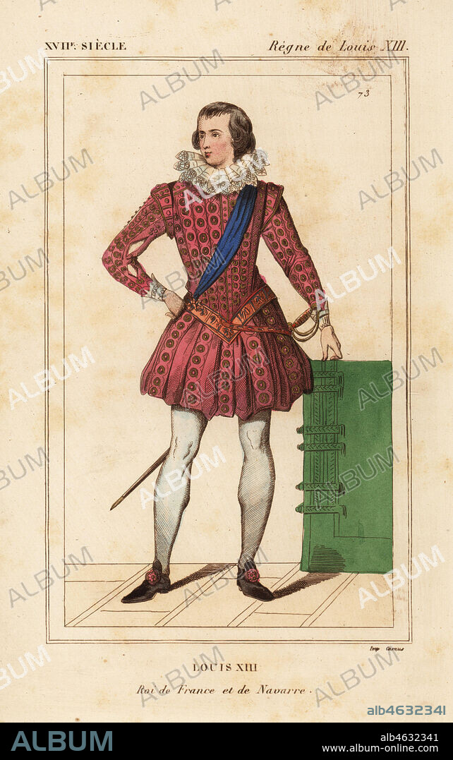 King Louis XIII of France and Navarre, in his youth. Handcoloured  lithograph after a contemporary print from Le Bibliophile Jacob aka Paul  Lacroix's Costumes Historiques d - Album alb4632341