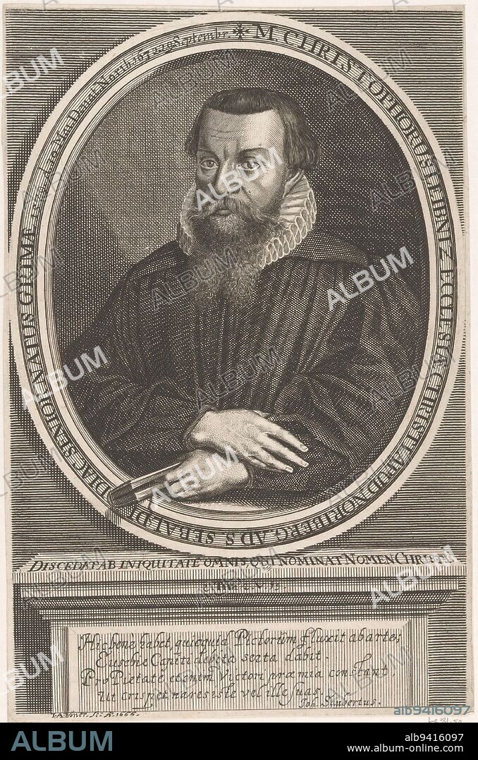 Portrait of Christoph Leibnitz, Johann Alexander Böner, 1666, print maker: Johann Alexander Böner, (mentioned on object), Johann Saubert (I), (mentioned on object), Neurenberg, 1666, paper, engraving, h 192 mm - w 126 mm.