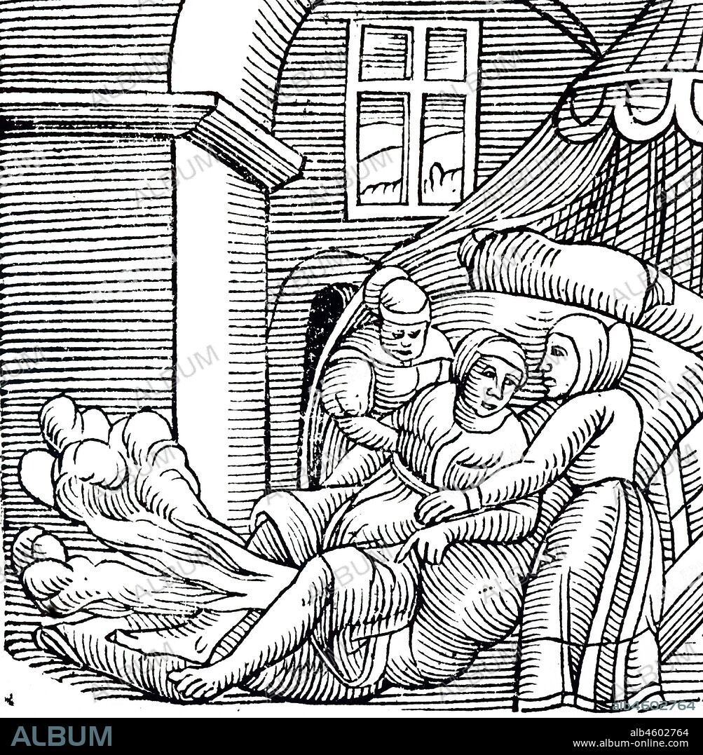 Woodcut showing a medieval or renaissance birth of two stillborn babies. The explosion is supposed to be uterine gasses. From 'Prodigiorum ac ostentorum chronicon' by Conrad Lycosthenes (Conrad Wolffhart) (8 August 1518 — 25 March 1561), Alsatian humanist and encyclopaedist.