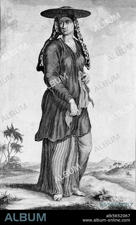 ANONYMOUS. Ethnology / Indonesia. "Une Esclave Balienne". Copper engraving, coloured, unsigned. 2nd half of the 17th century. Berlin, Sammlung Archiv für Kunst und Geschichte.
