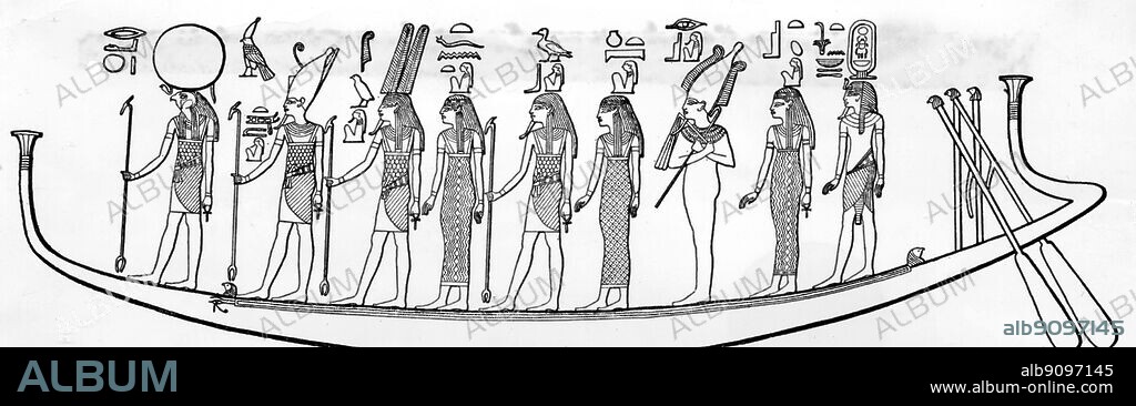The solar boat on which Tutankhamun is escorting the gods. Tutankhamen by Christiane Desroches Noblecourt, page 261.