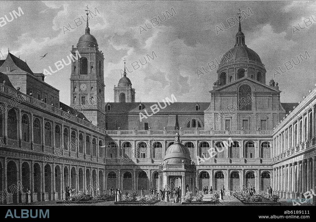 FERNANDO BRAMBILA. VISTA DEL PATIO DE LOS EVANGELISTAS DEL MONASTERIO DE SAN LORENZO DEL ESCORIAL - GRABADO SIGLO XIX.