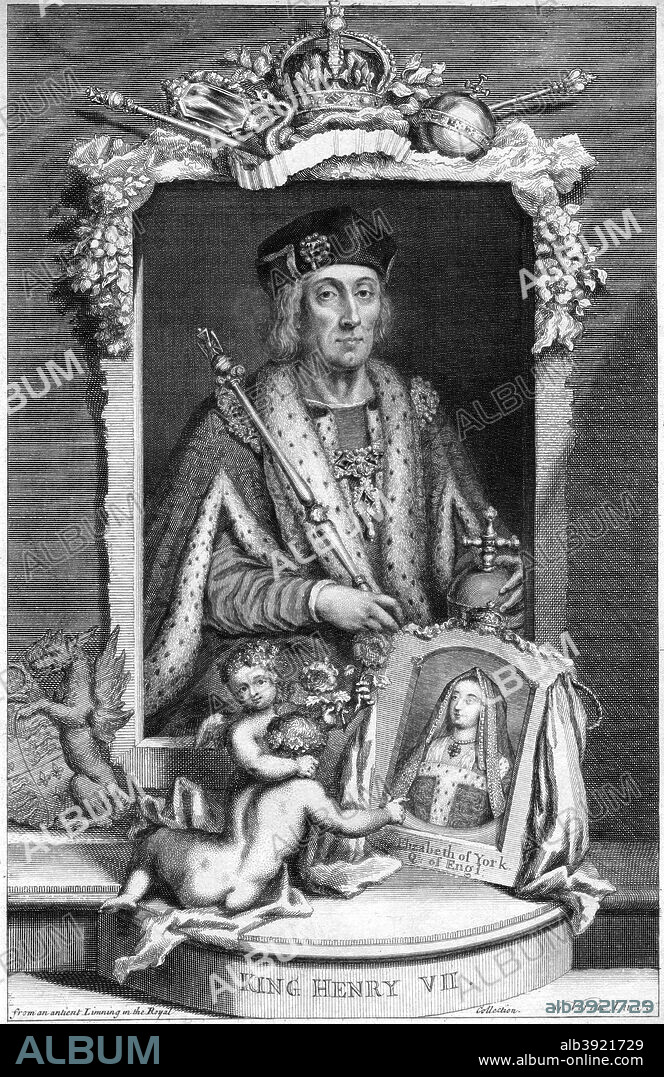 Henry VII of England, (18th century). Henry (1457-1509) ruled from 1485-1509, and was the founder and first patriarch of the Tudor dynasty. In the small picture below is his wife, Elizabeth of York, who was the mother of Henry VIII.