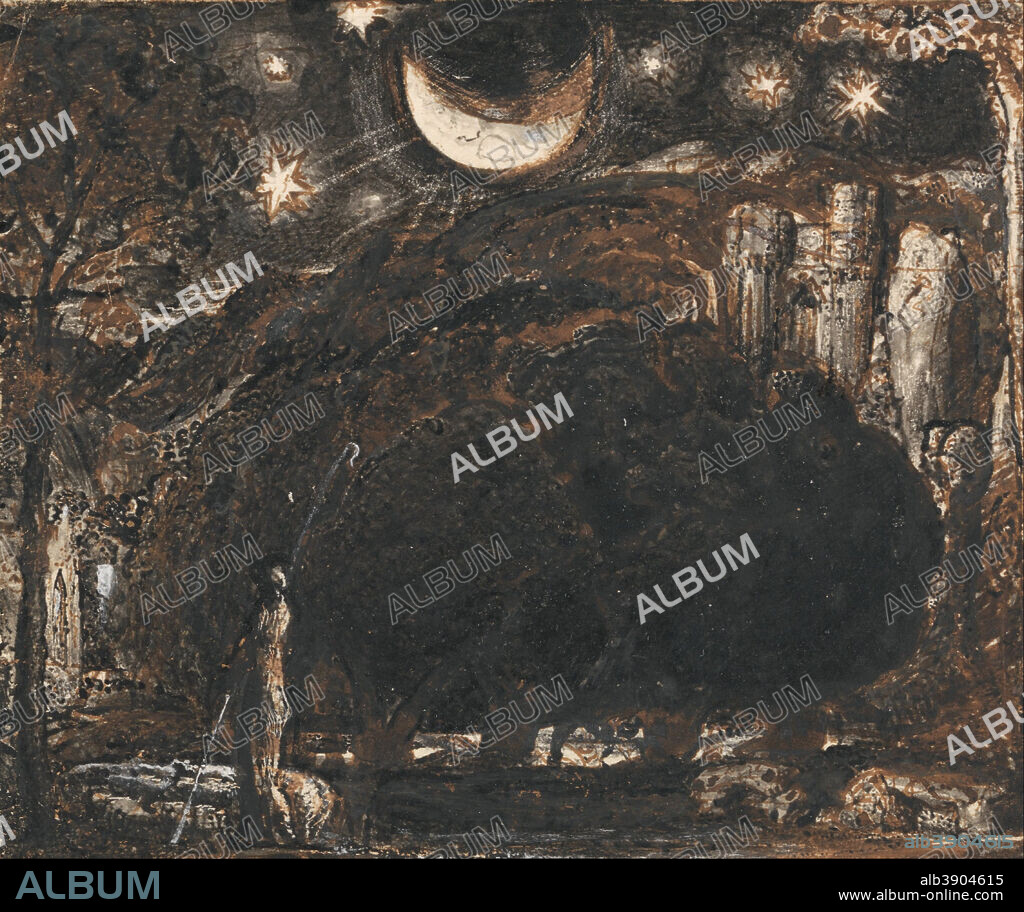 SAMUEL PALMER. A Shepherd and his Flock under the Moon and Stars. Date/Period: Ca. 1827. Landscape. Pen and brown ink with brown and gray washes heightened with white gouache on card. Height: 400 mm (15.74 in); Width: 527 mm (20.74 in).
