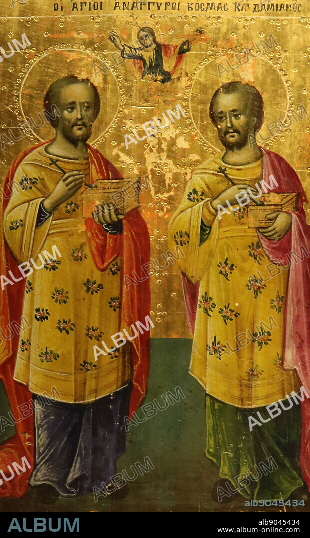 Coptic Christian Icon of St Kazman and St Damian. Egyptian. Both were Christian martyrs, from the Arabian Peninsula.