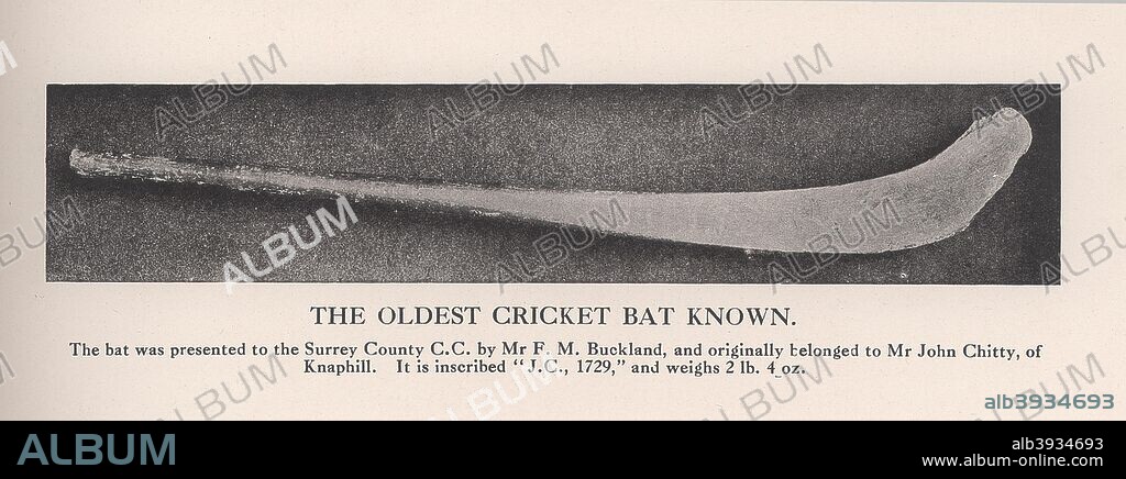 The oldest cricket bat known, 1912. The bat, which was presented to Surrey County Cricket Club by a Mr FM Buckland, is inscribed J.C, 1729. From Imperial Cricket, edited by P F Warner and published by The London and Counties Press Association Ltd (London, 1912).