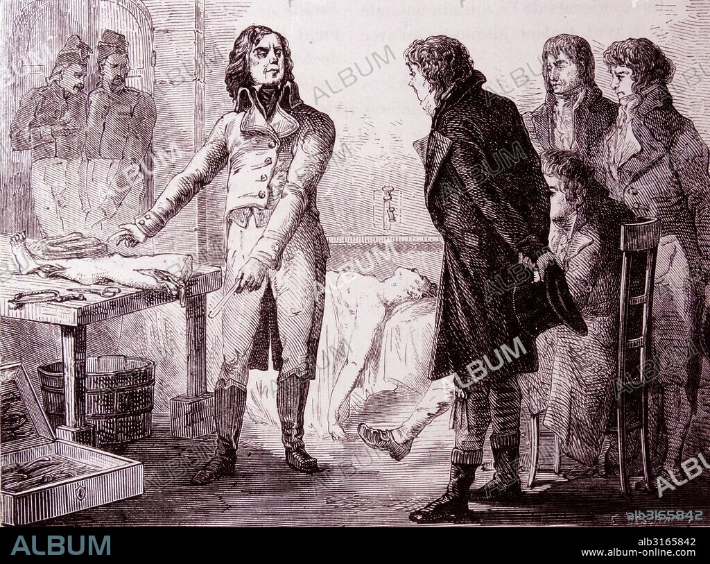 Dominique Jean LARREY - 1766-1842French military surgeon: went with Napoleon to Egypt in 1798. Great speed at amputation (13-15 seconds for a leg). Shown here demonstrating muscular contractions in a recently amputated limb due to galvanic effects.