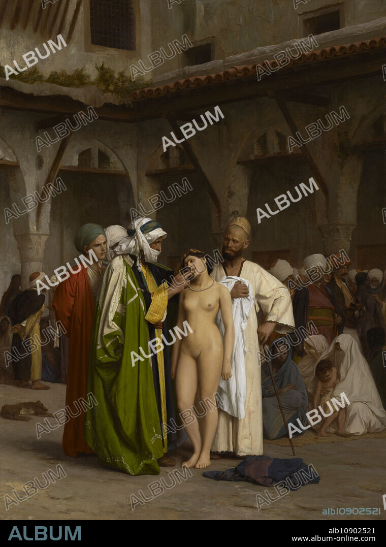 JEAN LEON GEROME. Slave Market, 1866. A naked woman at center and man at far right are shown in a public courtyard, as prospective slave owners inspect their bodies.