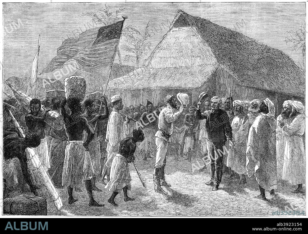 The meeting between Henry Morton Stanley (1841-1904) and Dr David Livingstone (1813-1873), Africa, 19th century. From Cassell's Illustrated History of England, volume X, published by Cassell, Petter, Galpin and Co. (London, Paris and New York, 19th century).