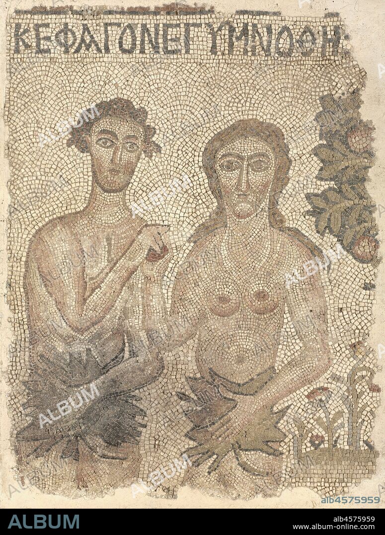 Fragment of a Floor Mosaic: Adam and Eve, late 400s-early 500s. This mosaic panel representing the Fall of Adam and Eve once formed part of a much larger mosaic decorating the floor of an early Byzantine church in northern Syria. Here, Adam and Eve are portrayed sharing the forbidden fruit while covering themselves with large leaves. At the top of the panel, a Greek inscription reads, "And they ate and they realized they were naked" (Gen. 3:7), highlighting the two moments in the biblical narrative of the Fall that are depicted here.