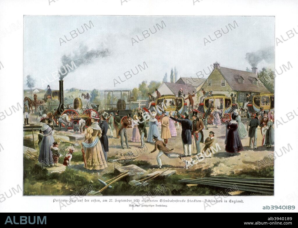 The Stockton & Darlington Railway, 1825 (1900). Opened on 27 September, 1825, the Stockton & Darlington Railway (S&DR) was the world's first public railway. It was built to link the collieries in West Durham and Darlington with the docks on River Tees at Stockton, Durham. At the opening of the railway, large crowds saw chief engineer George Stephenson at the controls of 'Locomotion', the locomotive built by Robert Stephenson & Co, as it pulled 36 wagons to the Stockton Terminus.
