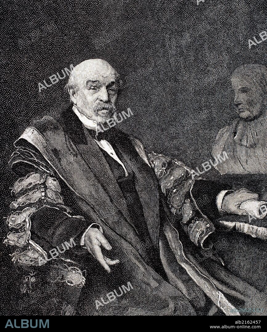 Sir William Jenner, 1er Baronet (1815-1898). Médico inglés, conocido por haber descubierto la direrencia entre el tifus y la fiebre tifoidea. Grabado. "La Ilustración Ibérica", año 1888.