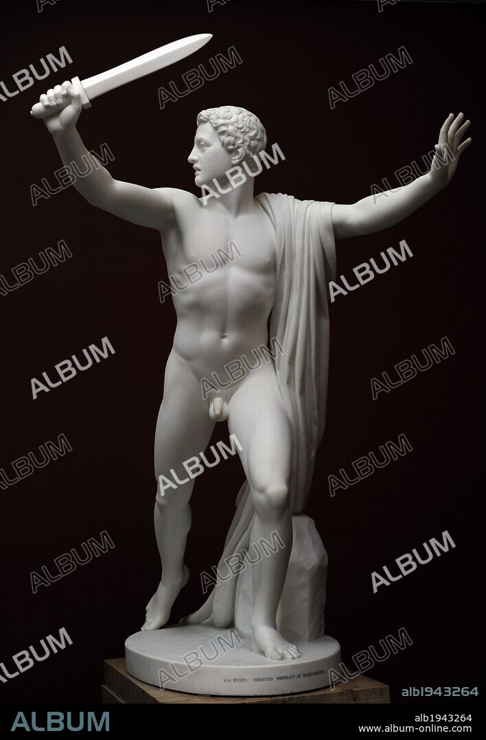 MITOLOGIA CLASICA. ORESTES huye de las Eumenides (benévolas), diosas de la venganza. Obra realizada por el escultor danés Herman Wilhelm Bissen (1864-1866). Museo Carlsberg Glyptotek. Copenhague. Dinamarca. Norte de Europa.