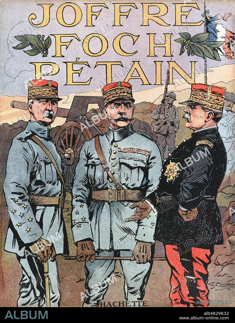 JOFFRE (1852-1931), FOCH (1851-1929), PETAIN (1856-1951). Illustration de 1920 de Georges CONRAD (1874-1936) pour Les Gloires nationales. Credit : Collection Grob/Kharbine-Tapabor.