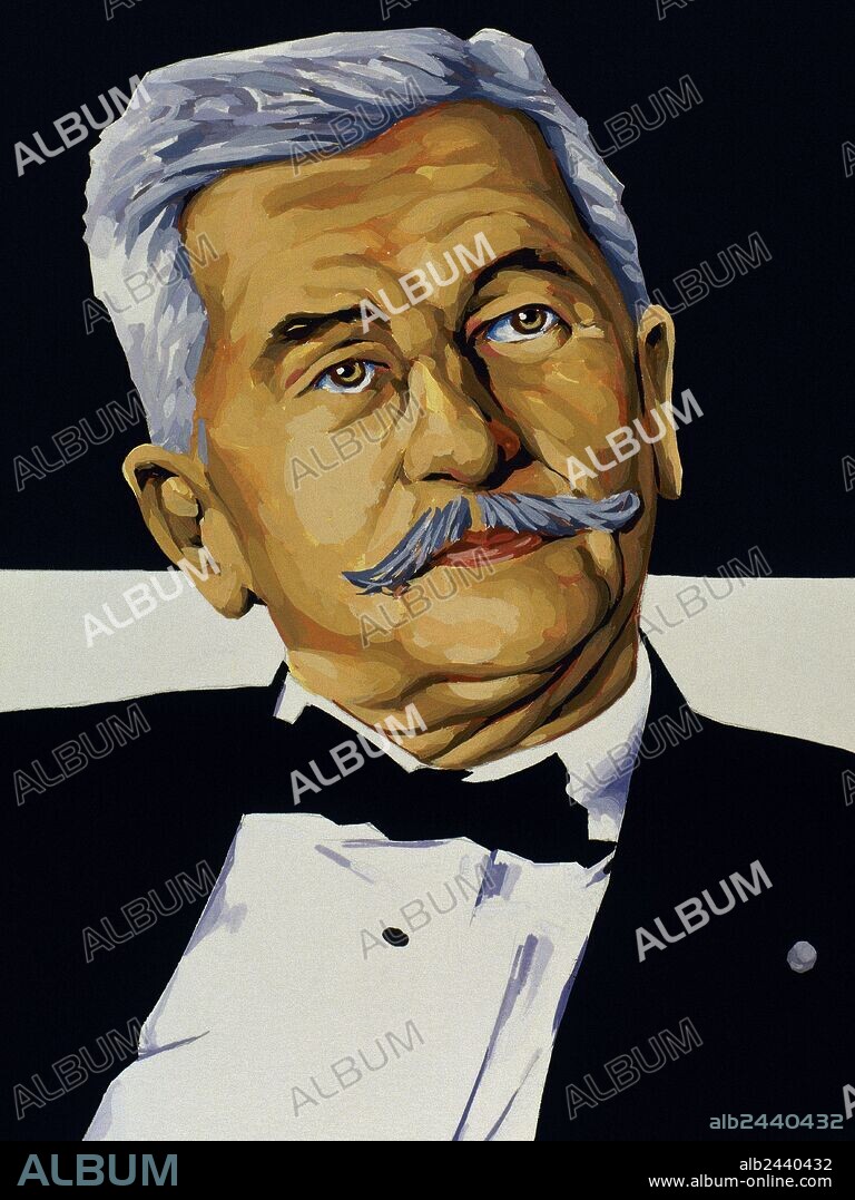 William Faulkner (1897-1962). American writer, Nobel Prize in Literature (1949). Portrait. Drawing and watercolor by the Spanish illustrator Francisco Fonollosa (d. late 20th century).