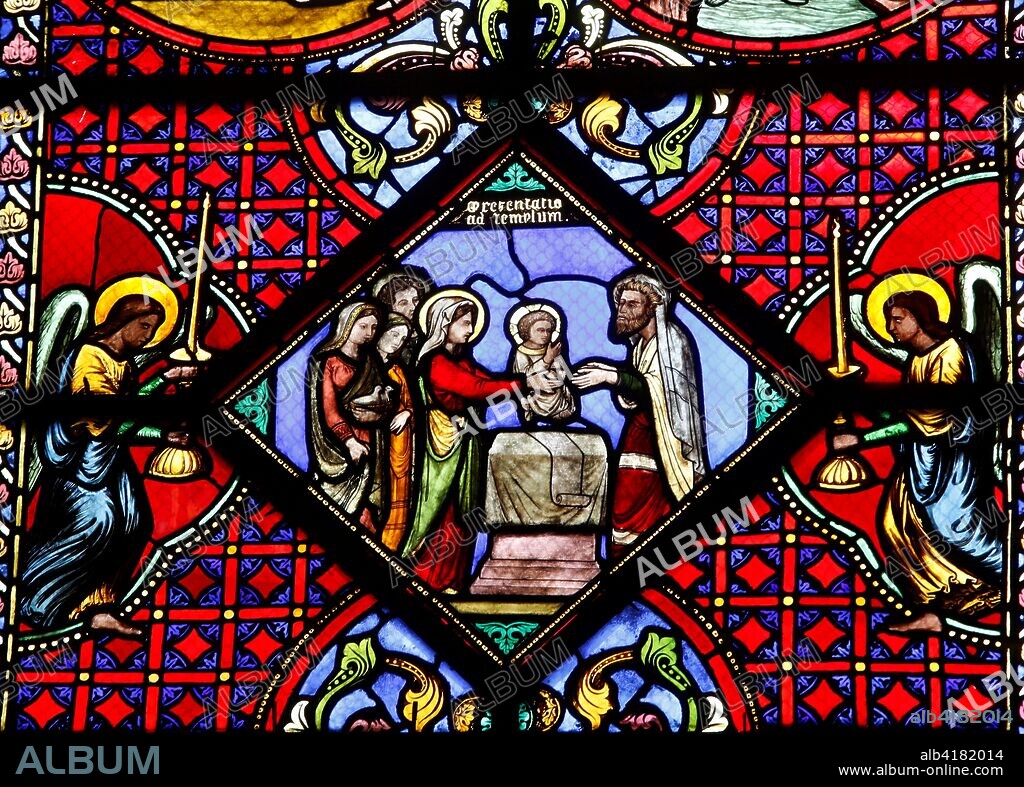Notre-Dame du Port basilica. Clermont-Ferrand. Auvergne. France. Stained glass. Presentation of Jesus at the synagogue.