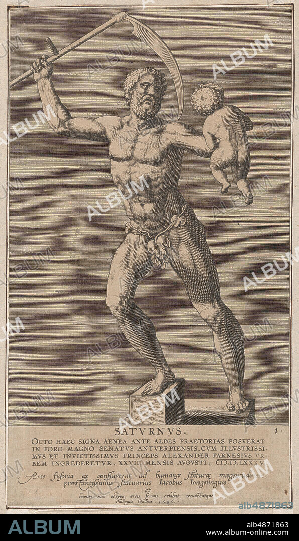 PHILIP GALLE. Plate 1: Saturn; statue of the nude god standing on a socle, holding a scythe in his right hand and a child in his left; from 'Statues of Roman Gods' after Jacques Jonghelinck, 1586.