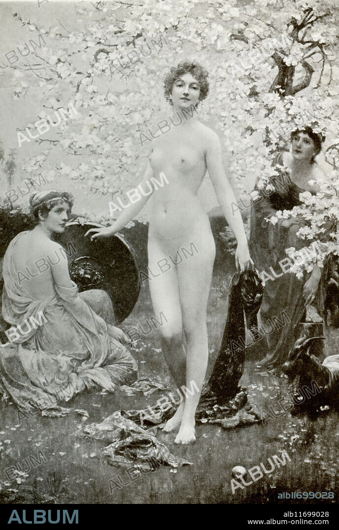 This image shows the Judgement of Paris by the artist Solomon J Solomon. In Greek legend, Paris was a Trojan prince, the son of Priam and Hecuba. When Eris, the Greek goddess of discord, was not invited to the marriage of the Greek leader Achilles, she threw a golden apple into the festivities, with the words 'for the fairest' written on it. The goddesses Hera, Aphrodite, and Athena each claimed the apple, and Zeus, the king of the gods, had Paris choose which one should get it. Hermes, the messenger god, acts as a guide, arranging the meeting between the goddesses and Paris. Aphrodite promised Paris Helen, queen of Sparta, if he picked her, and so he did. The result was the Trojan War as the Greeks fought to Helen to Menelaus, the ruler of Sparta. Solomon Joseph Solomon (died 1927) was a British painter, a founding member of the New English Art Club and member of the Royal Academy. Solomon's family was Jewish, and his sister, Lily Delissa Joseph, was also a painter.