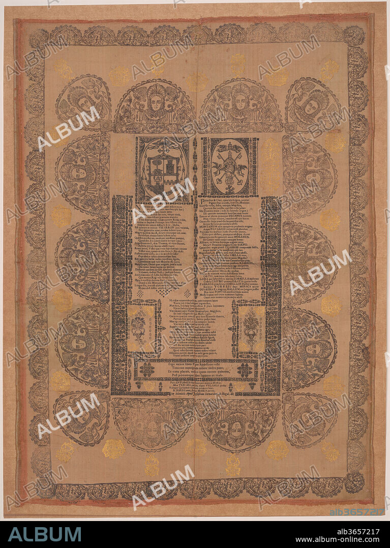 Broadside in Honor of Juan Antonio Vizarrón y Eguiarreta, Archbishop of Mexico and Viceroy of New Spain. Dedicatee: Juan Antonio Vizarrón y Eguiarreta (Spanish, 1682, Spain-1747, Mexico City). Dimensions: Sheet: 30 1/8 × 23 in. (76.5 × 58.4 cm)
Mount: 31 3/4 × 23 3/4 in. (80.7 × 60.3 cm). Published in: Mexico City. Publisher: José Bernardo de Hogal (Spanish/Mexican, 1641-1741). Date: ca. 1730-40.
Broadside in honor of Juan Antonio Vizarrón y Eguiarreta (1682-1747), Archbishop of Mexico (r. 1730-1747) and 38th Viceroy of New Spain (r. 1734-1740).  His coat of arms appears in the upper centre left those in the upper centre right belong of the Archbishopric of Mexico. Central panel set within a frame of repeating motifs comprising heads in a half circular frame, on the outer edge another decorative printed frame comprising a small child in repeating lunettes. Within the border are other motifs (vase and basket) printed in gold.