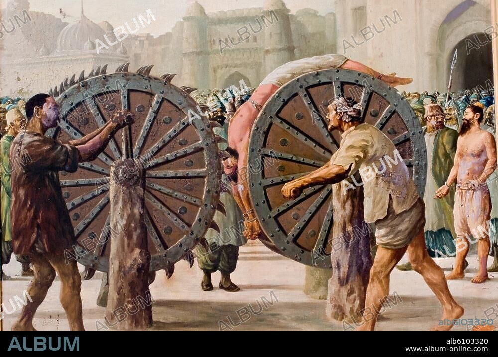 Bhai Subeg Singh; Sikh martyr, executed 1745.-Bhai Subeg Singh and his son Shahbaz sing are condemned to death by Yahiya Khan after refusing to convert to Islam.-Painting, undated.-.