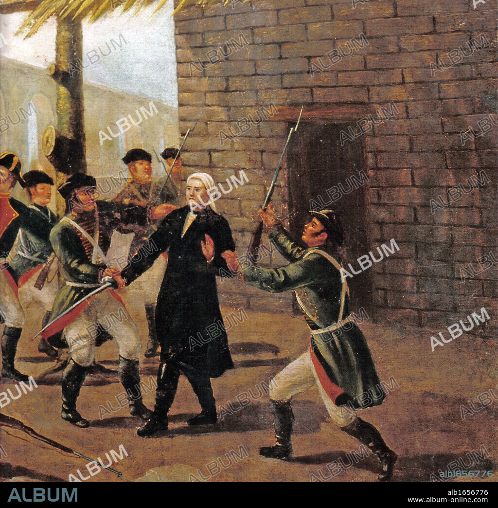Jose Maria Teclo Morelos y Pavon (1765 - 1815 Mexican Catholic priest and revolutionary leader who led the Mexican War of Independence movement, assuming its leadership after the execution of Miguel Hidalgo in 1811. He was later captured by the Spanish and executed for treason. Painting shows Morales captured. 1910 By J. Diaz del Castillo.