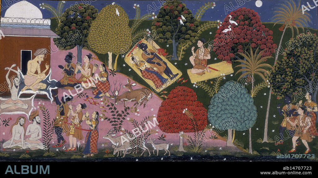 A wise man gives his blessing, 1713. At top centre, Sita, Rama and Laksmana spend the night in the forest. Sita and Rama lie on one mat, his sword and bow beside him, while Laksmana seated on his mat reproves Rama for giving way to grief. From the Sanskrit epic "Ramayana" by Valmiki.