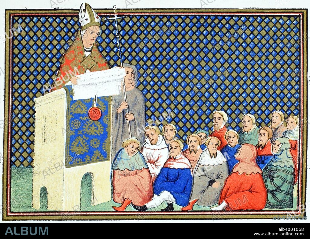 The Archbishop of Canterbury Thomas Arundel (1353-1414) preaching to the English nobility against Richard II (1367-1400), copy from  'Le Prinse et mort du roy Richart by Jean Creton reprinted 19th century (colour llithograph). Book of the Capture and Death of King Richard II.