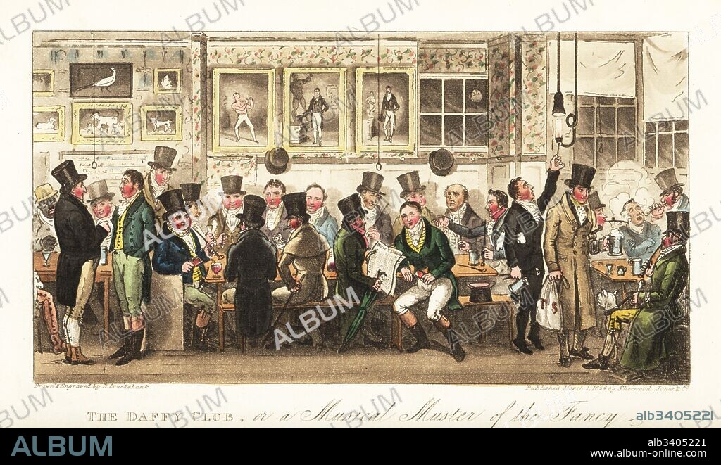 Regency gentlemen drinking gin at the Daffy Club, held in Tom Belcher's Castle Tavern, Holborn. Paintings of famous boxers including John Jackson, Daniel Mendoza, Tom Cribb and the fighting dog Trusty. The Daffy Club, or a Musical Muster of the Fancy. Handcoloured copperplate drawn and engraved by Robert Cruikshank from The English Spy, London, 1825. Written by Bernard Blackmantle, a pseudonym for Charles Molloy Westmacott.