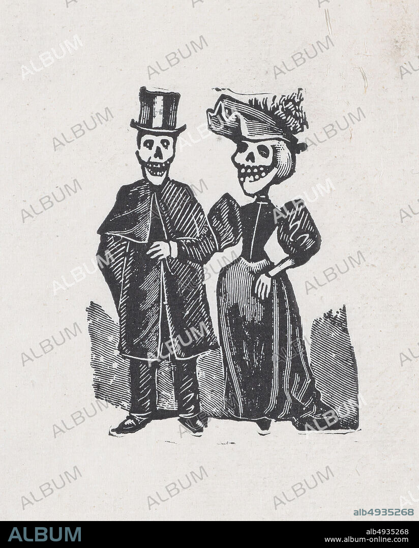 José Guadalupe Posada, Two elegantly dressed skeletons walking, from a broadside entitled, 'El Gran Panteon Amoroso,' published by Antonio Vanegas Arroyo., José Guadalupe Posada (Mexican, 18511913), ca. 18801910, Etching on zinc, Sheet: 3 1/4 × 2 5/8 in. (8.3 × 6.7 cm), Prints.