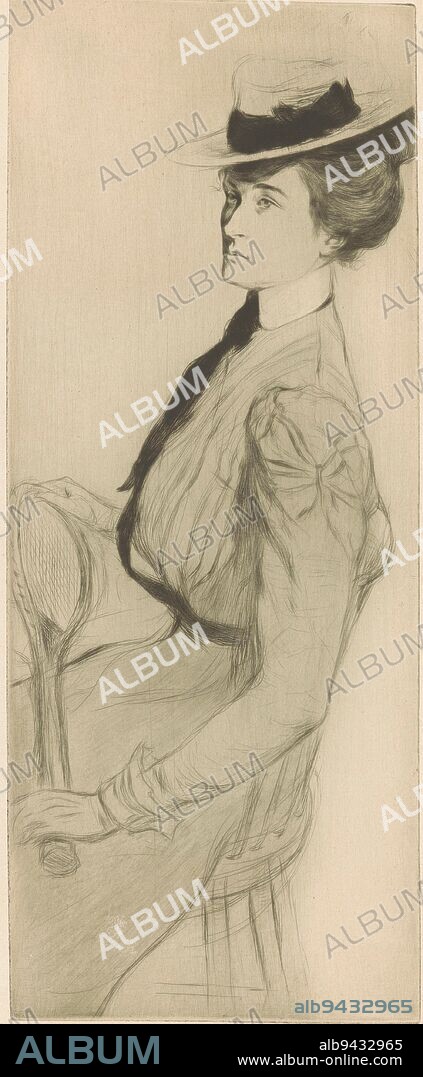 EDGARD CHAHINE. Seated woman with a tennis racket, print maker: Edgar Chahine, (signed by artist), France, 1899, paper, drypoint, h 384 mm × w 156 mm.