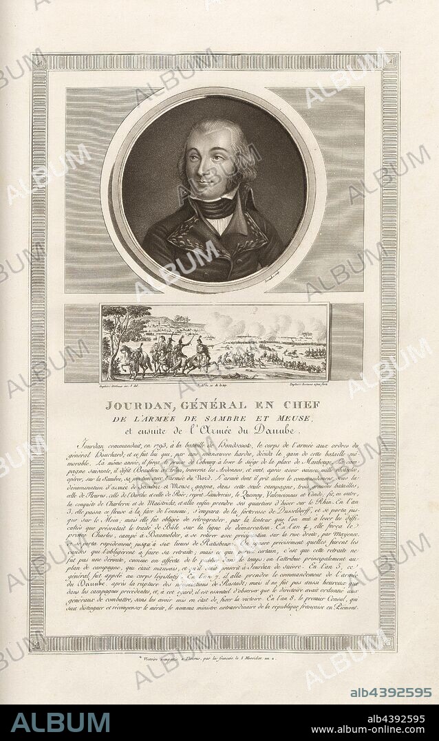 Jourdan, general-in-chief of the army of Sambre and Meuse, and then of the Army of the Danube, Portrait of Jean-Baptiste Jourdan and Battle of Fleurus 1794, signed: Levachez sculp, Duplessi-Bertaux inv. Et del, Duplessi-Bertaux aqua forti, Fig. 67, p. 9 (Constitution de la république), Levachez, Charles François Gabriel (sc.); Duplessi Bertaux, Jean (inv. et del.; aqua forti), Collection complète des tableaux historiques de la Révolution française en trois volumes [...]. Bd. 3. A Paris: chez Auber, Editeur, et seul Propriétaire: de l'Imprimerie de Pierre Didot l'aîné, an XI de la République Francçaise M. DCCCII.